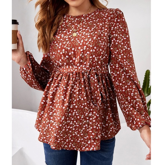 Maternity Rust Brown Floral Print Belted Long Sleeve Blouse - Picture 1 of 9